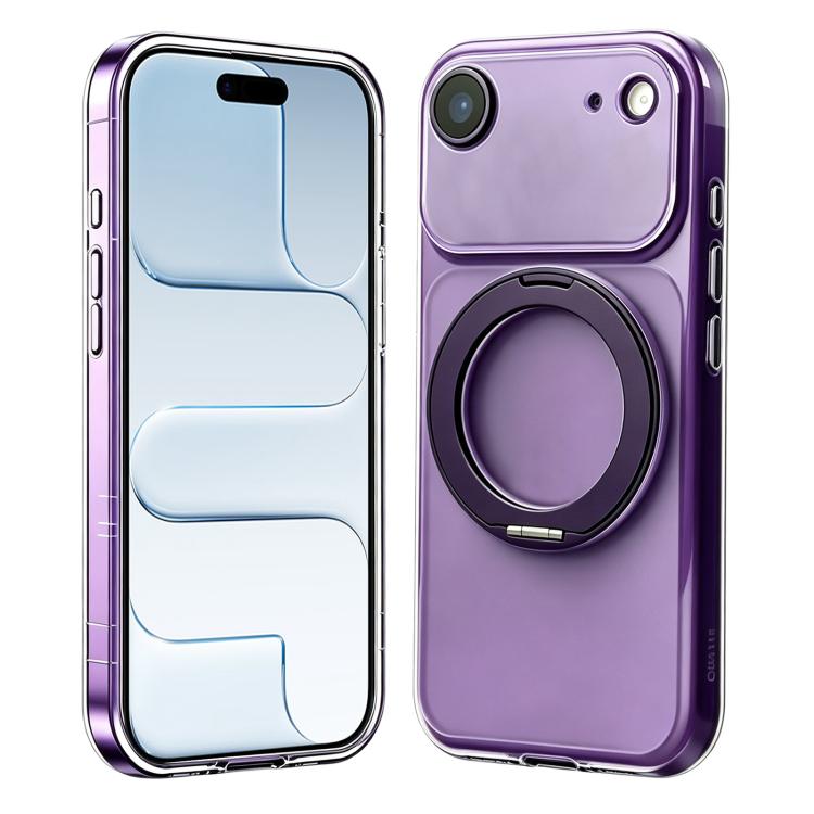 For iPhone Air Change to 17 Pro Silicone Magnetic Phone Case with 360 Degrees Rotating Holder(Dark Purple)