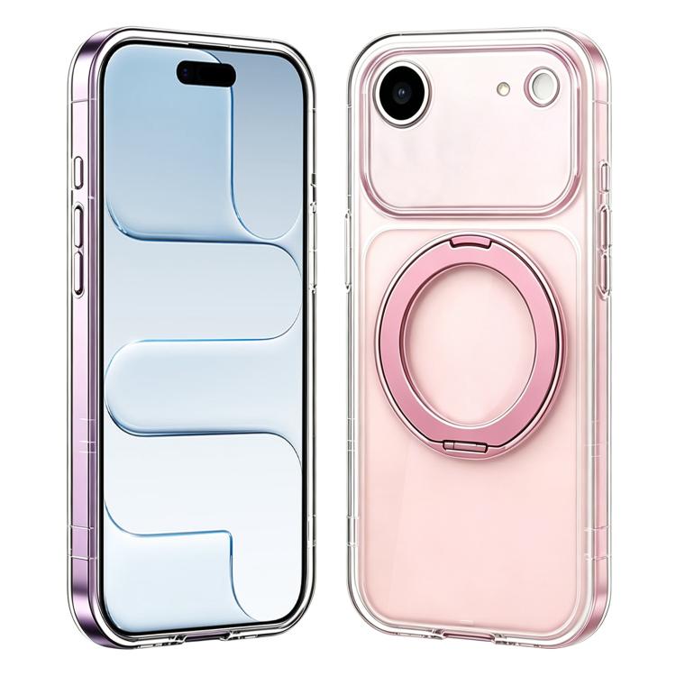 For iPhone Air Change to 17 Pro Silicone Magnetic Phone Case with 360 Degrees Rotating Holder(Pink)
