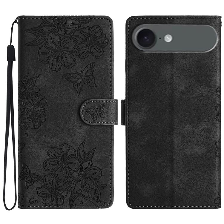 For iPhone Air Cherry Blossom Butterfly Skin Feel Embossed PU Phone Case(Black)