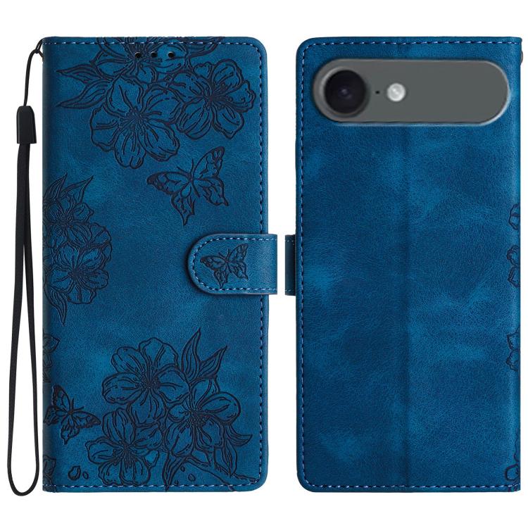 For iPhone Air Cherry Blossom Butterfly Skin Feel Embossed PU Phone Case(Blue)