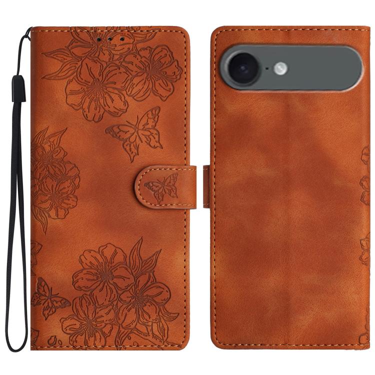 For iPhone Air Cherry Blossom Butterfly Skin Feel Embossed PU Phone Case(Brown)