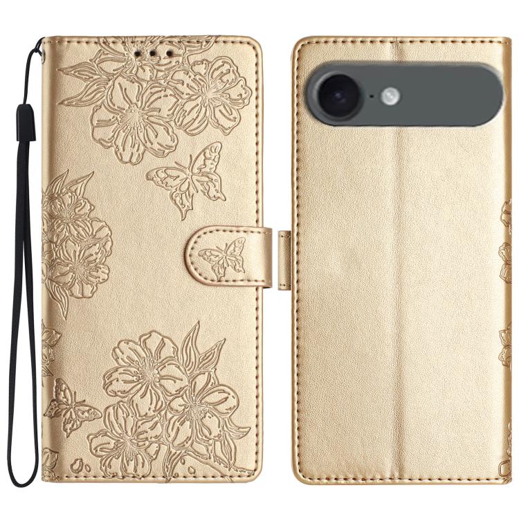 For iPhone Air Cherry Blossom Butterfly Skin Feel Embossed PU Phone Case(Gold)