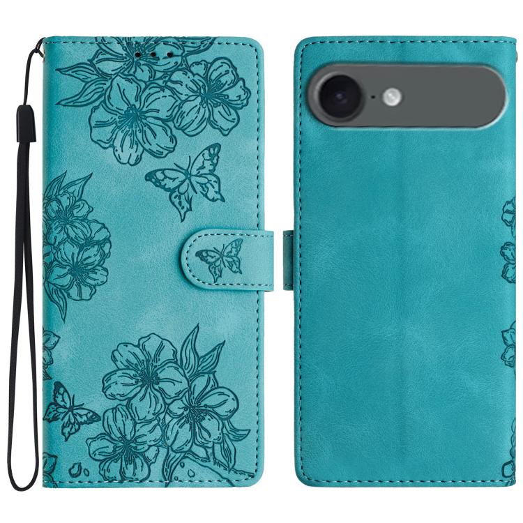 For iPhone Air Cherry Blossom Butterfly Skin Feel Embossed PU Phone Case(Green)