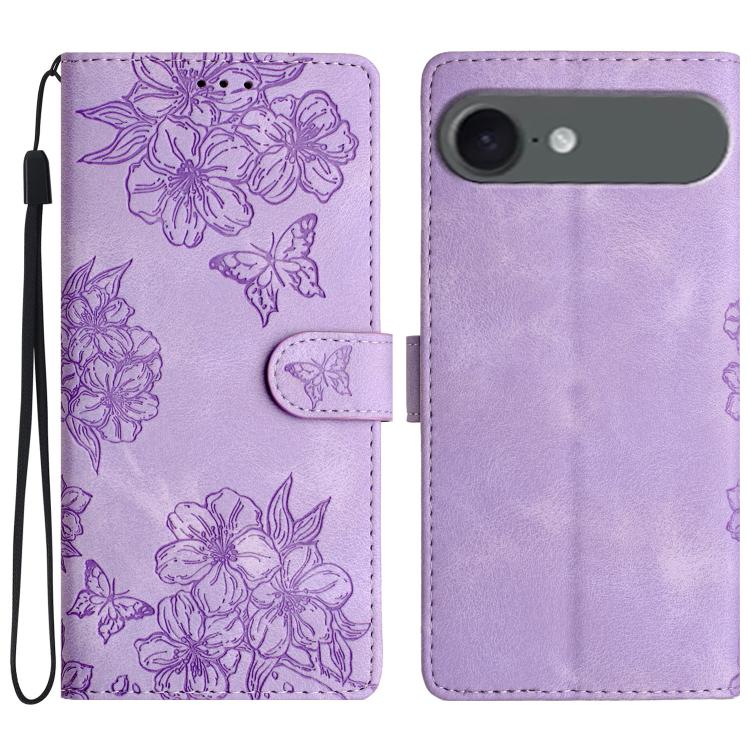 For iPhone Air Cherry Blossom Butterfly Skin Feel Embossed PU Phone Case(Purple)