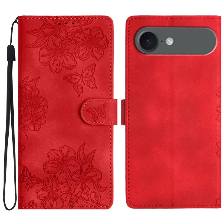 For iPhone Air Cherry Blossom Butterfly Skin Feel Embossed PU Phone Case(Red)