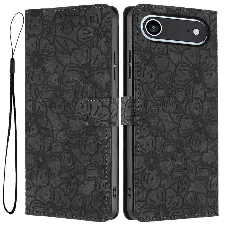 For iPhone Air Cherry Blossoms Embossed Leather Phone Case(Black)