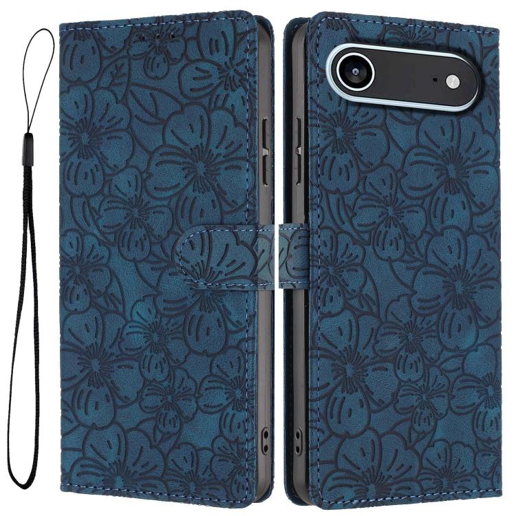 For iPhone Air Cherry Blossoms Embossed Leather Phone Case(Dark Blue)
