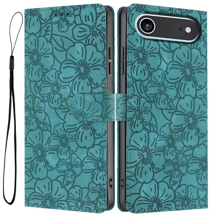 For iPhone Air Cherry Blossoms Embossed Leather Phone Case(Green)