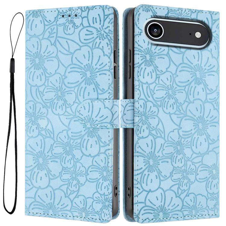 For iPhone Air Cherry Blossoms Embossed Leather Phone Case(Light Blue)