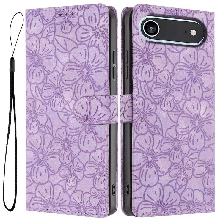 For iPhone Air Cherry Blossoms Embossed Leather Phone Case(Purple)