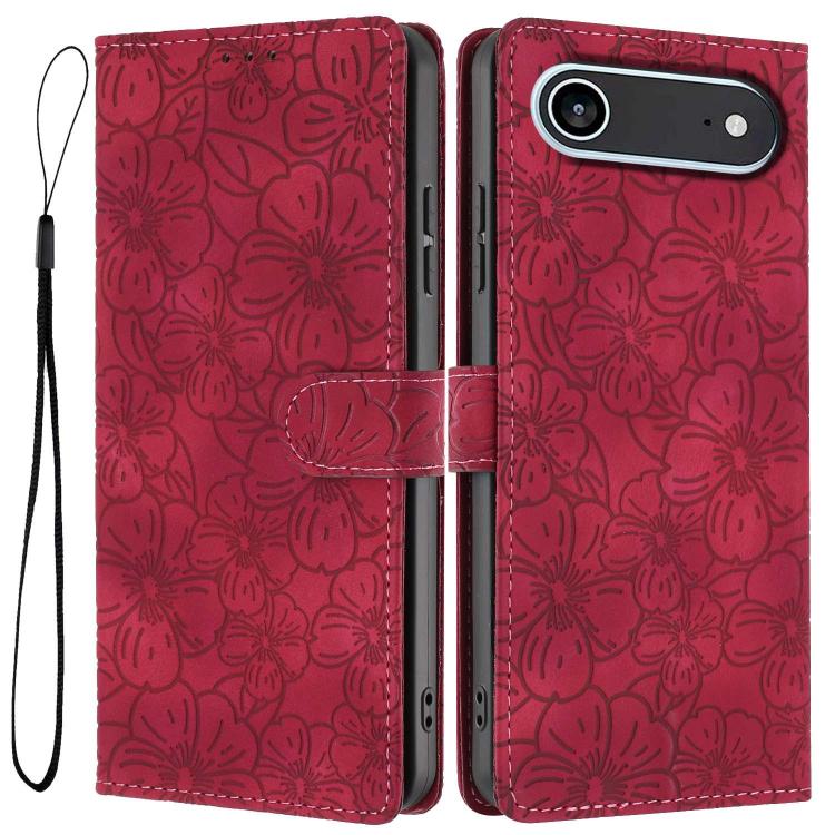 For iPhone Air Cherry Blossoms Embossed Leather Phone Case(Red)
