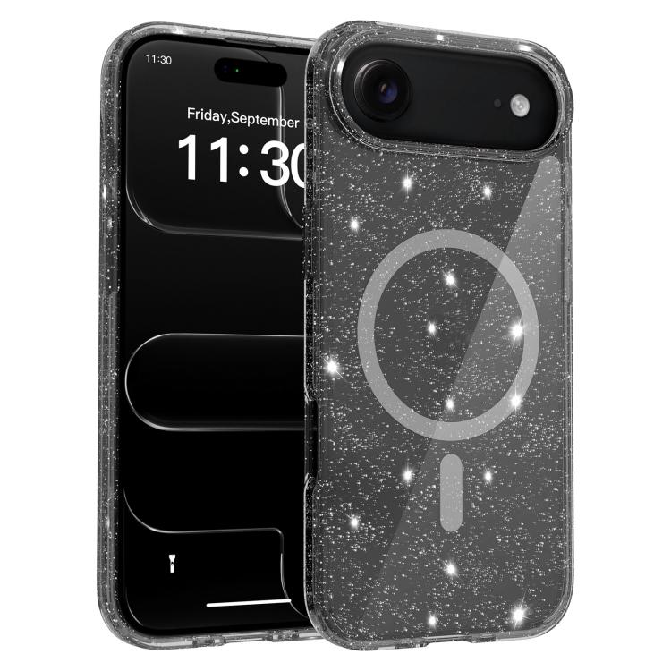 For iPhone Air Clear Glitter Magnetic PC Hybrid TPU Phone Case(Black)