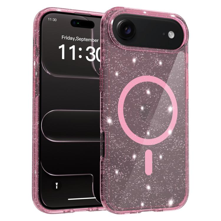 For iPhone Air Clear Glitter Magnetic PC Hybrid TPU Phone Case(Pink)