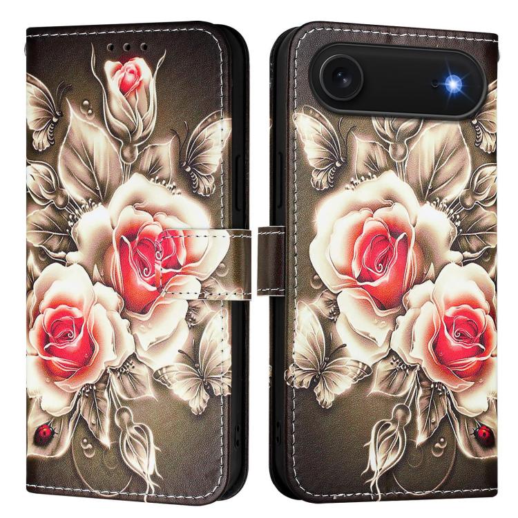 For iPhone Air Colored Drawing Pattern Plain Weave Leather Phone Case(Roses On Black)