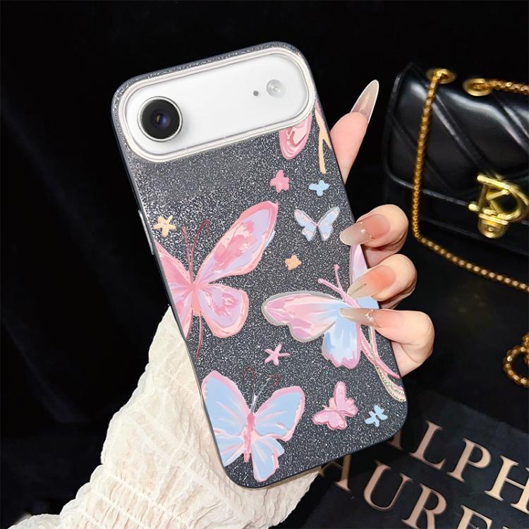 For iPhone Air Colorful Butterflies Pattern IMD Glitter PC Hybrid TPU Phone Case(Black)