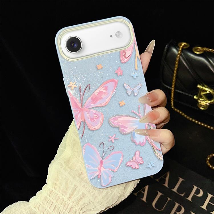 For iPhone Air Colorful Butterflies Pattern IMD Glitter PC Hybrid TPU Phone Case(Blue)