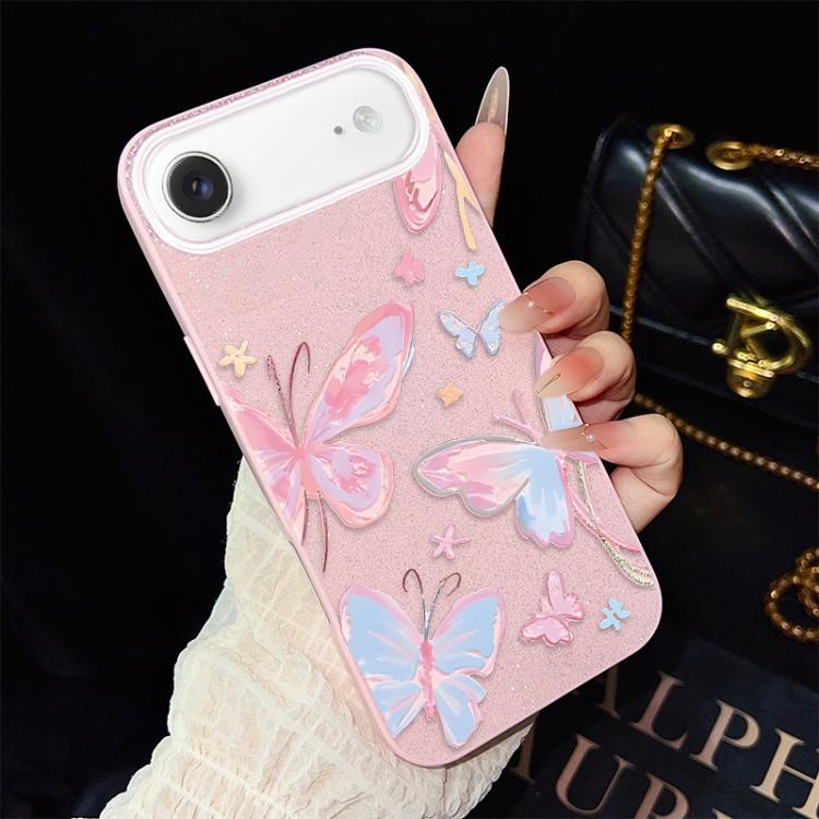 For iPhone Air Colorful Butterflies Pattern IMD Glitter PC Hybrid TPU Phone Case(Pink)