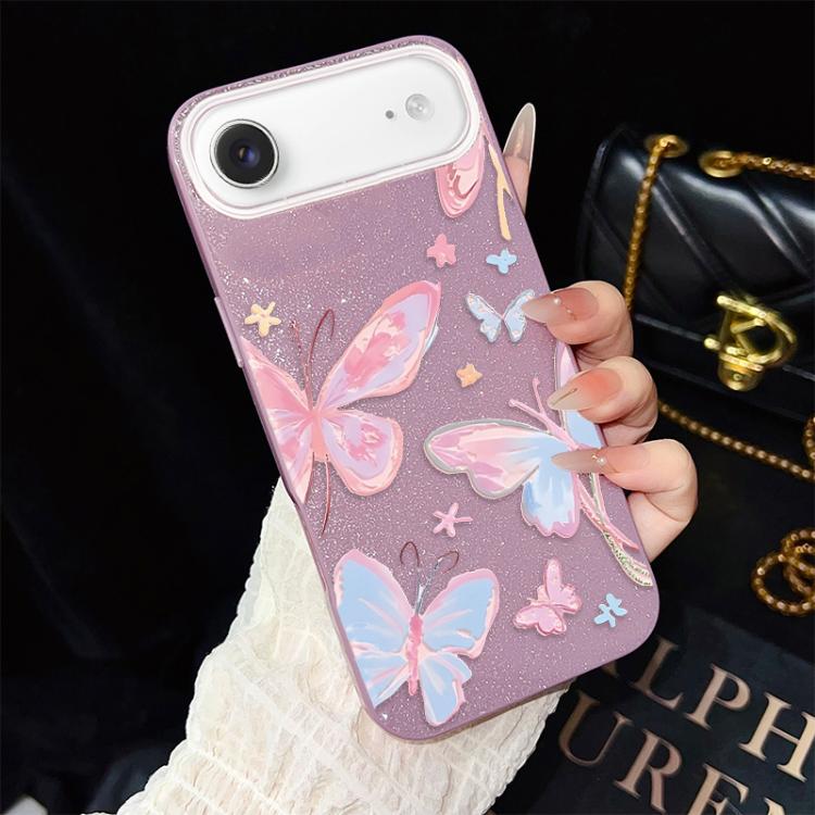 For iPhone Air Colorful Butterflies Pattern IMD Glitter PC Hybrid TPU Phone Case(Purple)