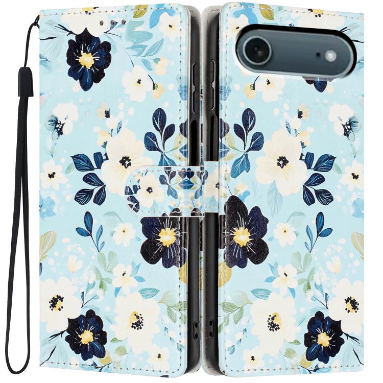 For iPhone Air Colorful Painting Vegan Leather Phone Case with Lanyard(Blue Background Flower)