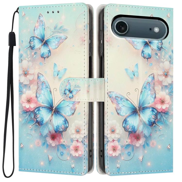 For iPhone Air Colorful Painting Vegan Leather Phone Case with Lanyard(Blue Butterflies)