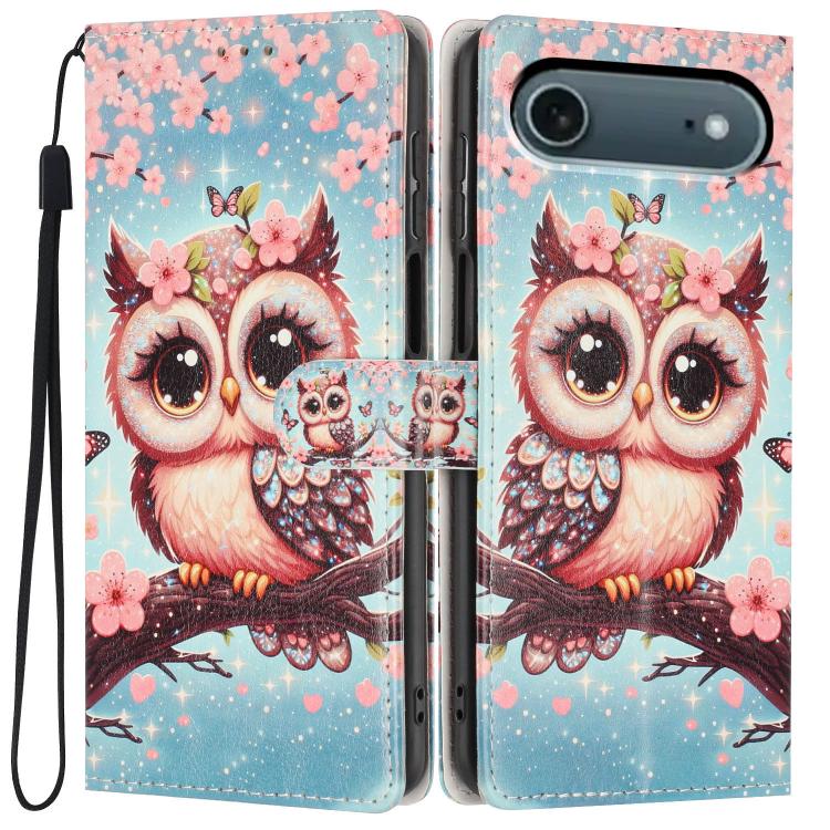 For iPhone Air Colorful Painting Vegan Leather Phone Case with Lanyard(Cherry Blossom Owl)