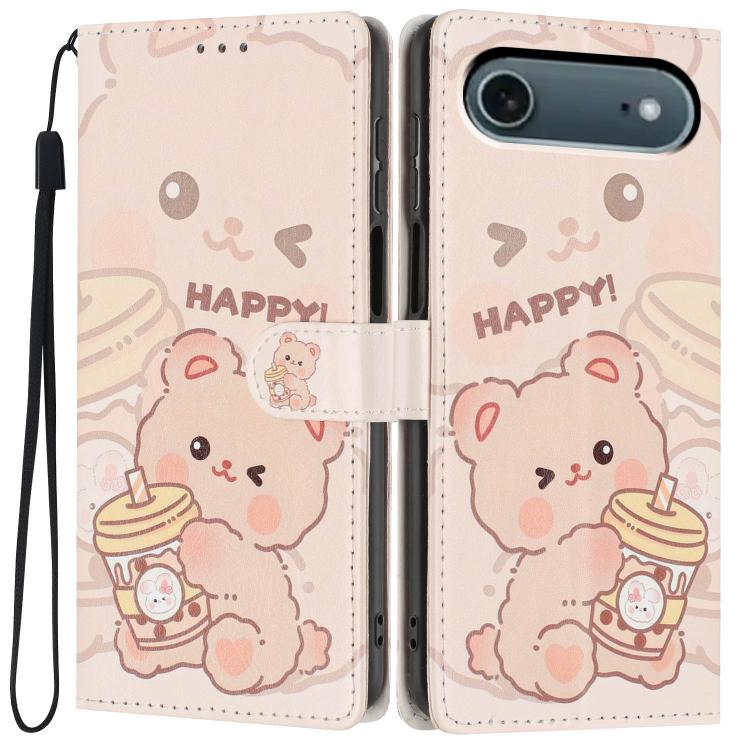 For iPhone Air Colorful Painting Vegan Leather Phone Case with Lanyard(Milk Tea Bear)