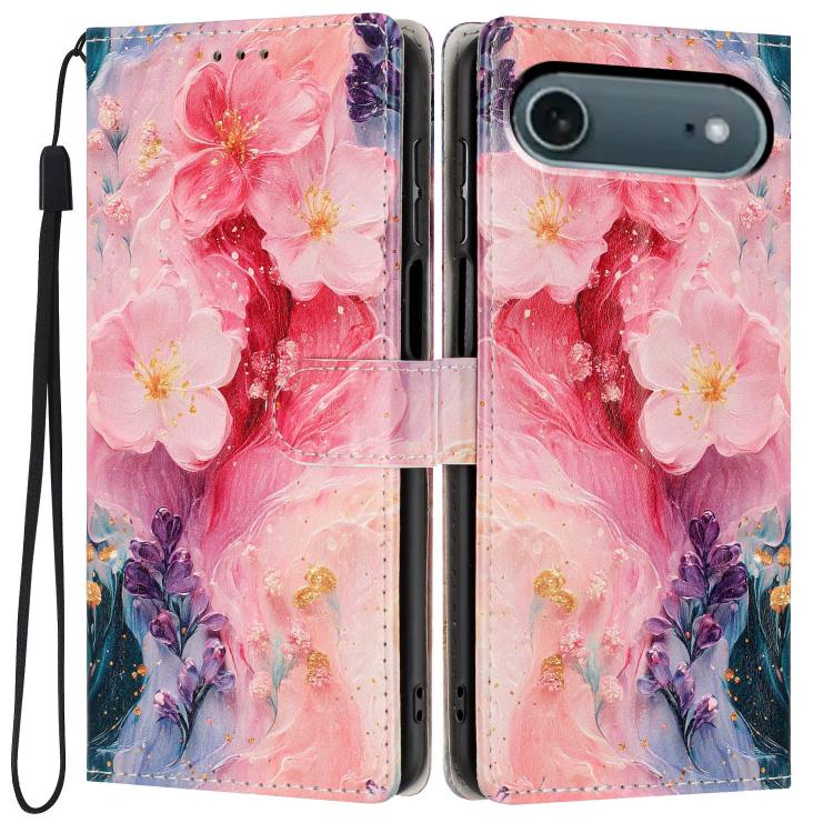 For iPhone Air Colorful Painting Vegan Leather Phone Case with Lanyard(Oil Painting Flowers)