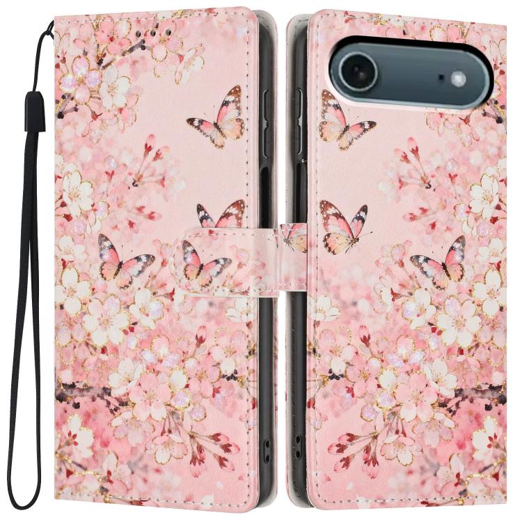 For iPhone Air Colorful Painting Vegan Leather Phone Case with Lanyard(Pink Flower Butterfly)