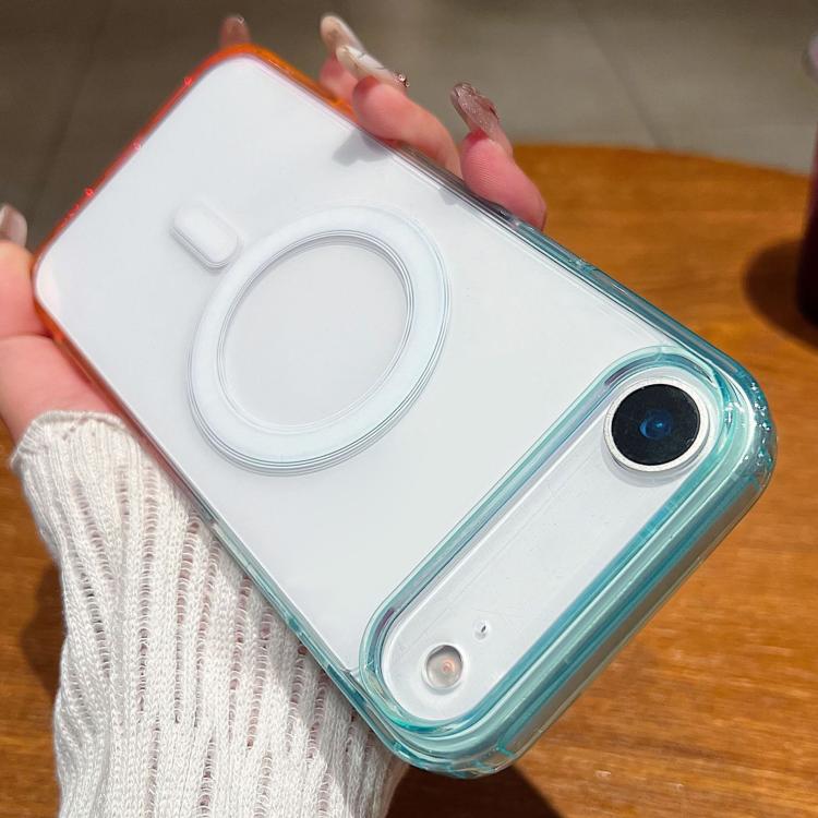 For iPhone Air Contrast Color Gradient Transparent MagSafe Phone Case(Blue Green + Pink)