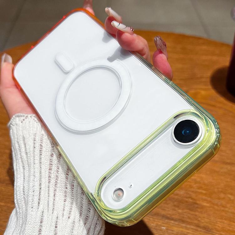 For iPhone Air Contrast Color Gradient Transparent MagSafe Phone Case(Fluorescent Green + Light Pink)