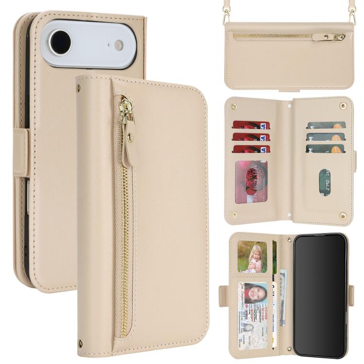 For iPhone Air Crossbody Front Zipper Multi-Card Wallet Bag Vegan Leather Phone Case(Beige)