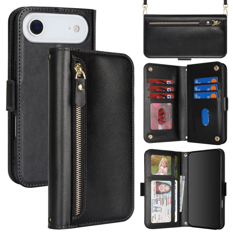 For iPhone Air Crossbody Front Zipper Multi-Card Wallet Bag Vegan Leather Phone Case(Black)