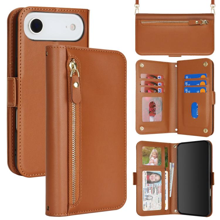 For iPhone Air Crossbody Front Zipper Multi-Card Wallet Bag Vegan Leather Phone Case(Brown)