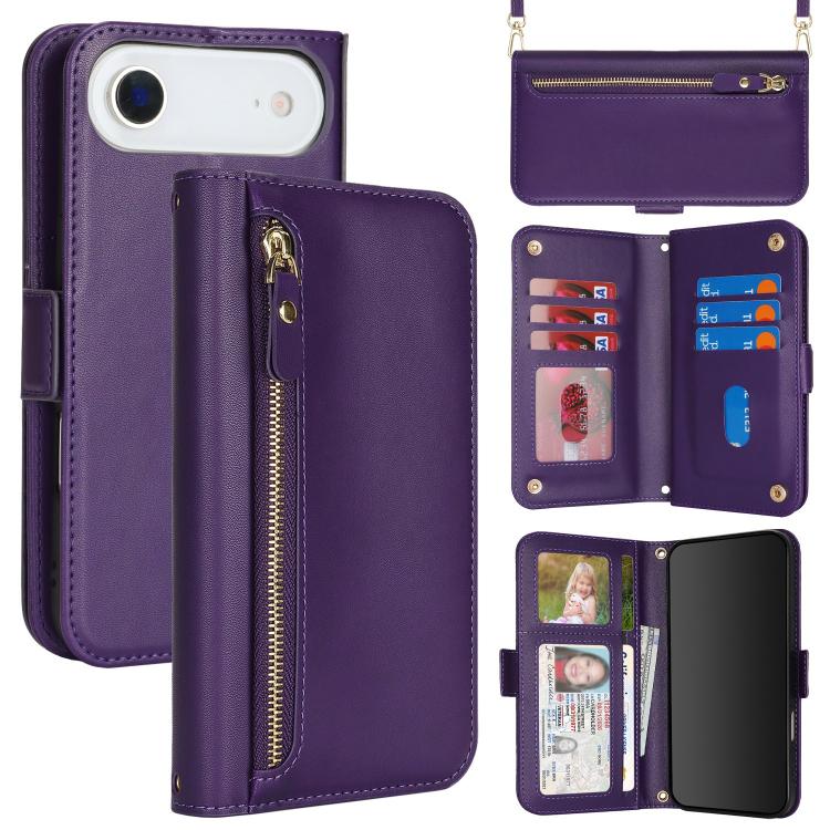 For iPhone Air Crossbody Front Zipper Multi-Card Wallet Bag Vegan Leather Phone Case(Dark Purple)