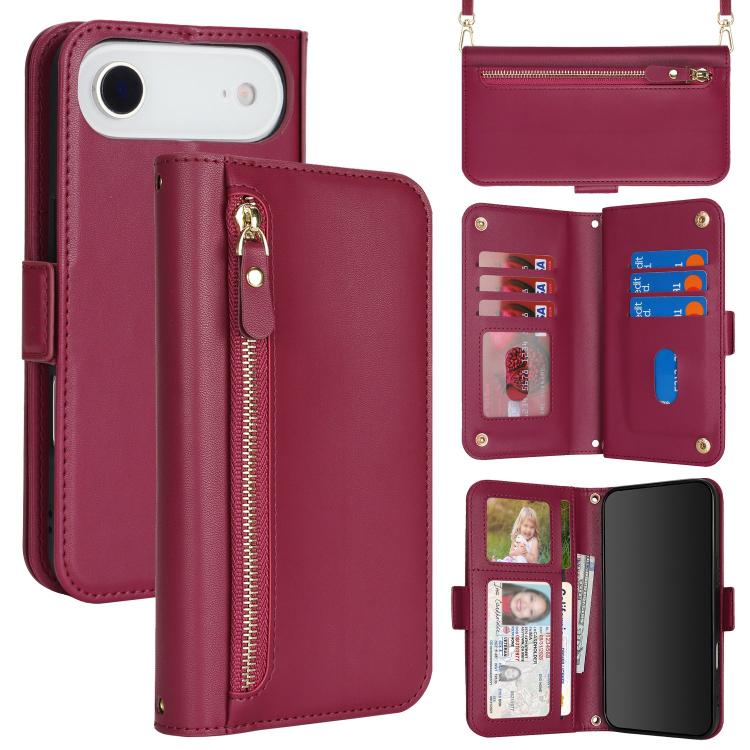 For iPhone Air Crossbody Front Zipper Multi-Card Wallet Bag Vegan Leather Phone Case(Dark Red)
