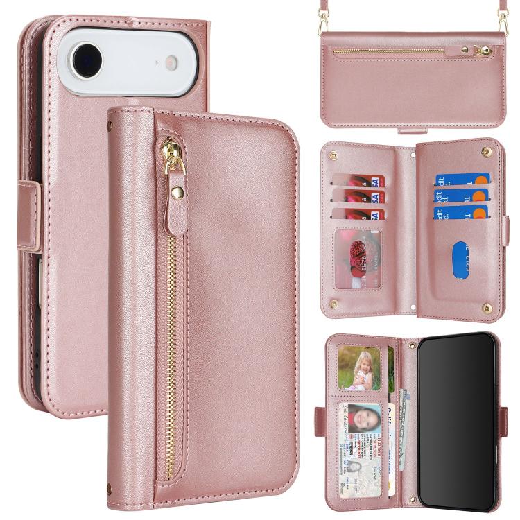 For iPhone Air Crossbody Front Zipper Multi-Card Wallet Bag Vegan Leather Phone Case(Rose Gold)
