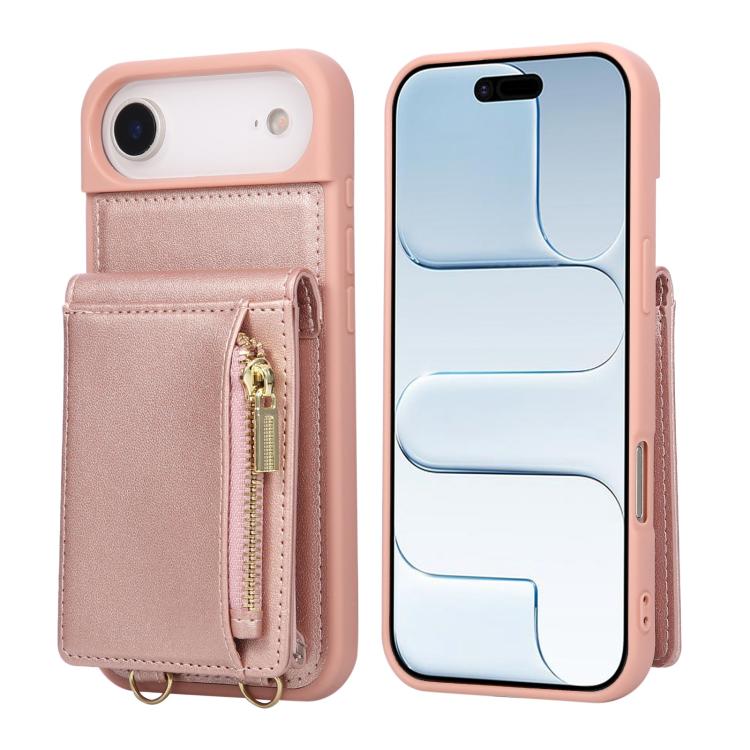 For iPhone Air Crossbody Lanyard Zipper Wallet Leather Phone Case(Rose Gold)