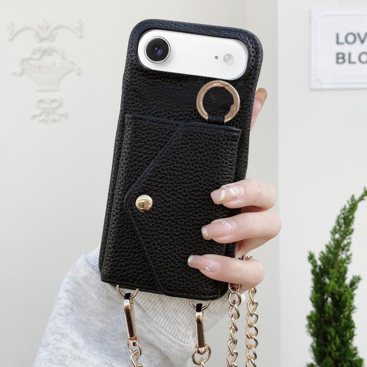 For iPhone Air Crossbody Mirror Wallet Litchi Vegan Leather Back Phone Case(Black)