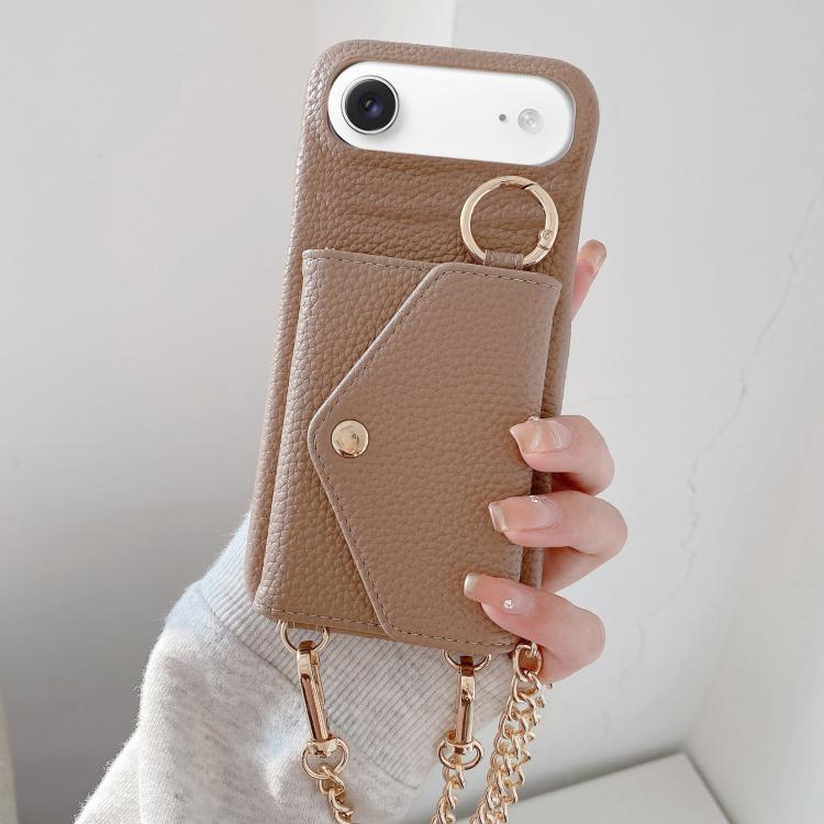 For iPhone Air Crossbody Mirror Wallet Litchi Vegan Leather Back Phone Case(Light Brown)