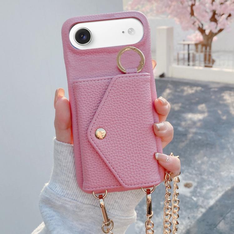 For iPhone Air Crossbody Mirror Wallet Litchi Vegan Leather Back Phone Case(Pink)