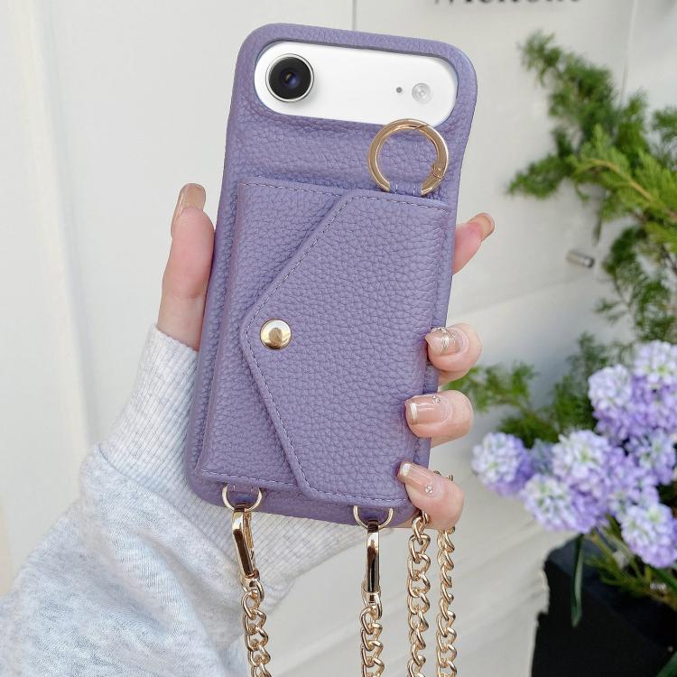 For iPhone Air Crossbody Mirror Wallet Litchi Vegan Leather Back Phone Case(Purple)