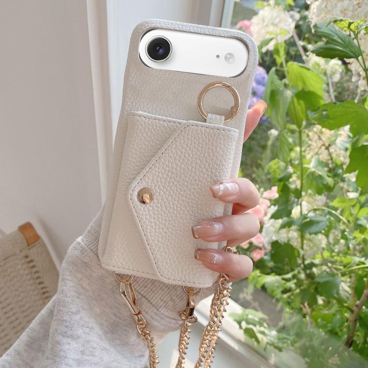 For iPhone Air Crossbody Mirror Wallet Litchi Vegan Leather Back Phone Case(White)