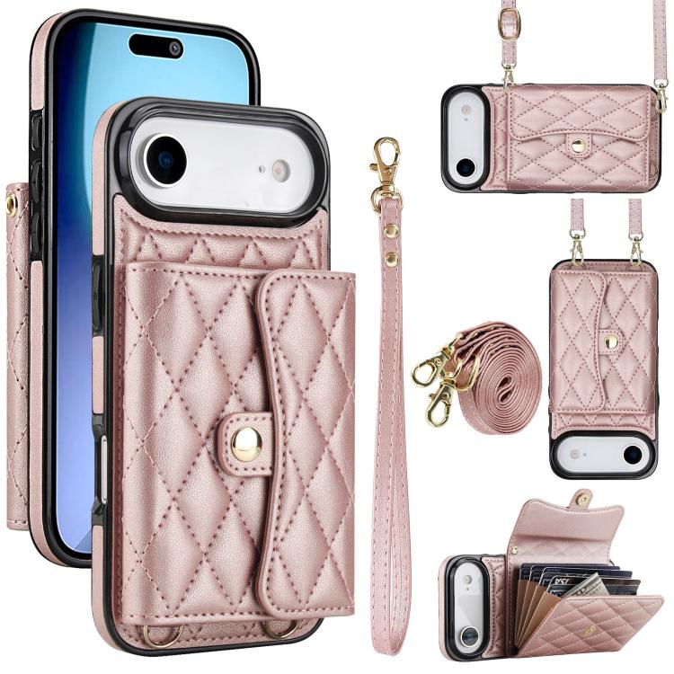 For iPhone Air Crossbody Rhombic Horizontal Wallet Leather Phone Case(Rose Gold)