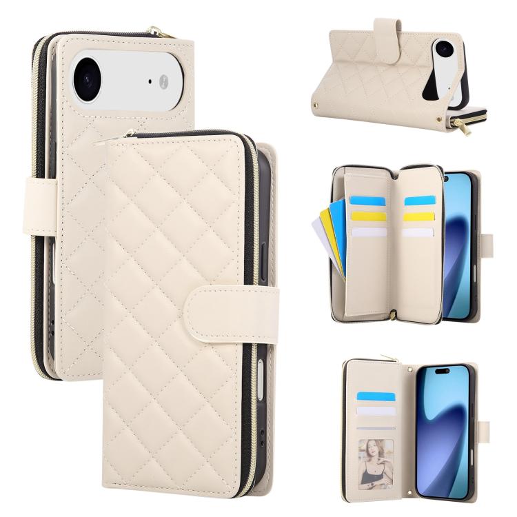 For iPhone Air Crossbody Rhombic Zipper Tower Buckle Leather Phone Case with Lanyard(Beige)