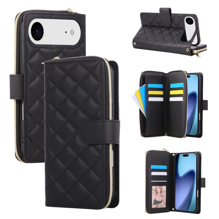 For iPhone Air Crossbody Rhombic Zipper Tower Buckle Leather Phone Case with Lanyard(Black)