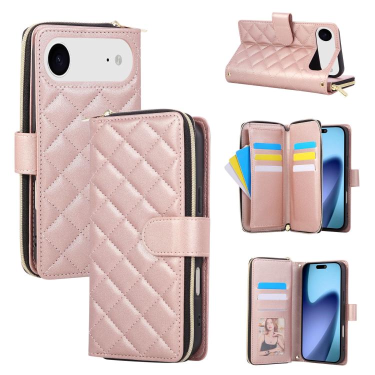 For iPhone Air Crossbody Rhombic Zipper Tower Buckle Leather Phone Case with Lanyard(Rose Gold)