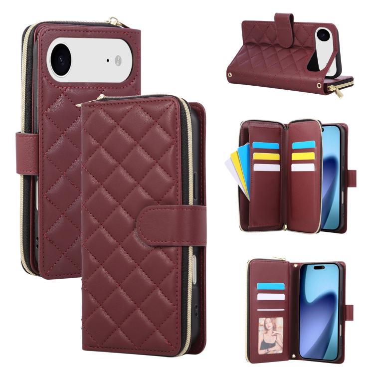 For iPhone Air Crossbody Rhombic Zipper Tower Buckle Leather Phone Case with Lanyard(Wine Red)