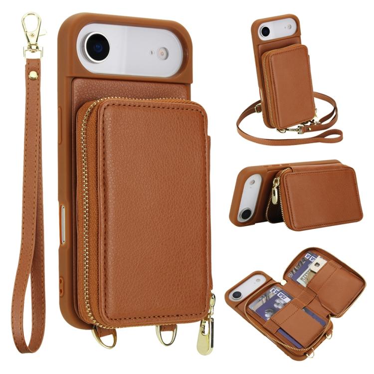 For iPhone Air Crossbody Zipper RFID Card Bag Phone Case(Brown)