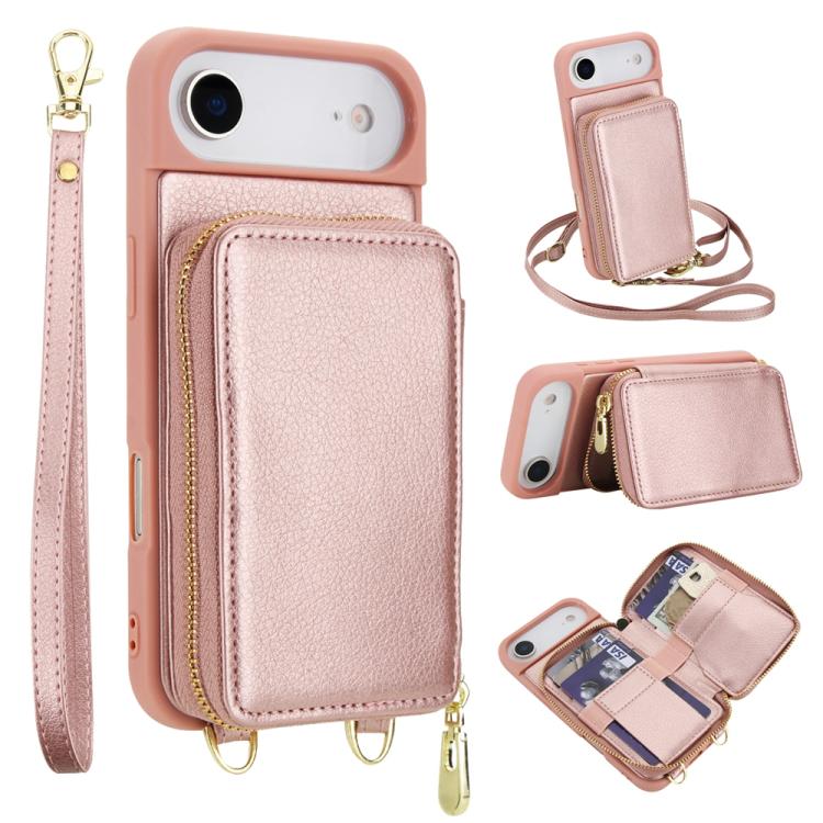 For iPhone Air Crossbody Zipper RFID Card Bag Phone Case(Rose Gold)