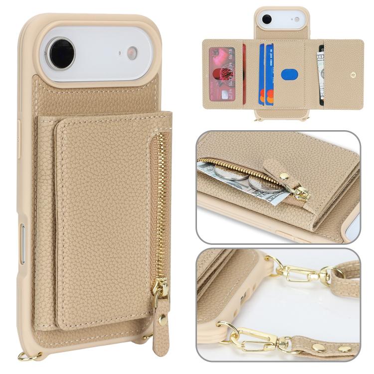 For iPhone Air Crossbody Zipper Wallet Ring Holder Litchi Leather Phone Case(Apricot)